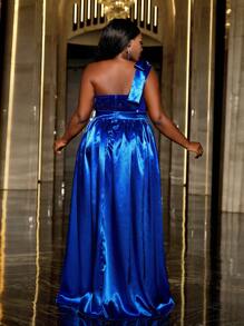 Faeriesty Vestido de fiesta de satén y lentejuelas con escote asimétrico, talla grande, vestido de noche formal, adecuado para cena formal, invitado de boda - azul real - Ver 2