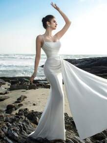 Elasola 串珠刺绣缎面美人鱼风格白色婚纱，优雅正式晚会舞会婚礼宾客礼服，适合毕业典礼、晚宴、新娘