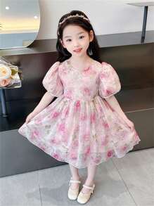 Girls Toddler Cute Floral Mesh Short Sleeve Princess Dress, Children Summer Outfit