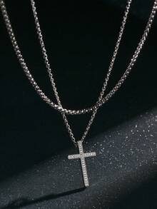 Bộ 2 dây chuyền thép không gỉ, mặt dây chuyền thánh giá cổ điển khảm đá Zirconia đồng hai lớp dành cho nam - Bạc - Xem 3