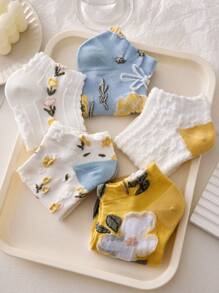 4 Pairs Vintage Floral Embossed Short Socks For Women, Yellow And Blue - Multicolor - View 4