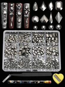 12 Grid Manicures 160 Rhinestones And 1100 Flat Bottom Small Round Diamonds. Different Shapes And Styles Of Mixed Glass Nail Decorations With Some Diamond Pencil Sharpener Sets Can Be Used For Clothing Face Nail DIY Decoration And Use - 彩色 - 查看 19