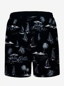 Men's Coconut & Sailboat Graphic Printed Swim Trunks, Casual Daily Beach Shorts, 3D Digital Printing, Drawstring Waist, Single Layer, No Lining, Hawaiian