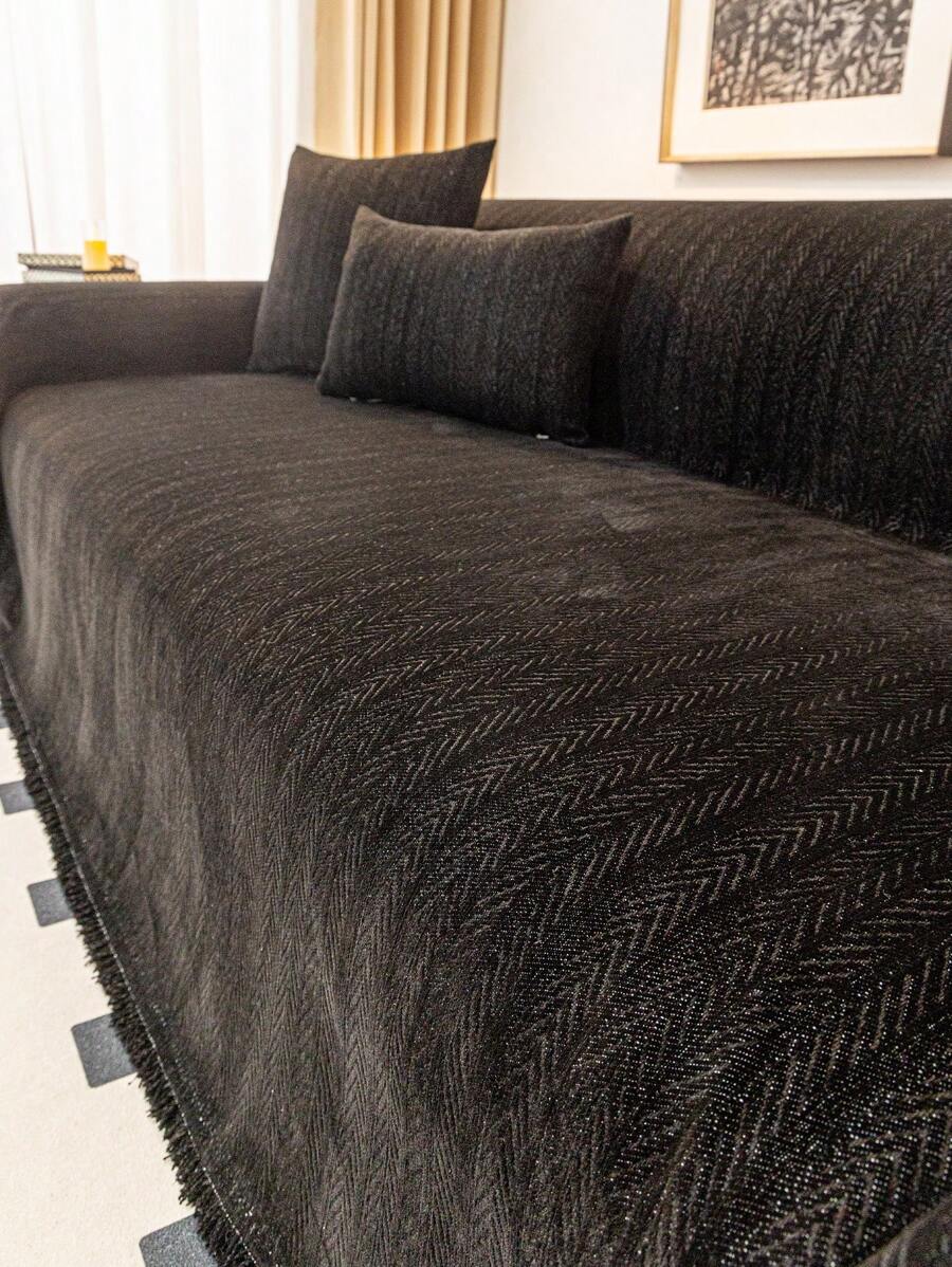 1PC Modern Chenille Sofa Throw Covers, Easy Care Machine Washable, Pet Friendly Non-Slip Couch Protector Pads For Armchair To Sectional Sofas, Scratch & Stain Resistant For Living Room Office Cafe - Black - View 1