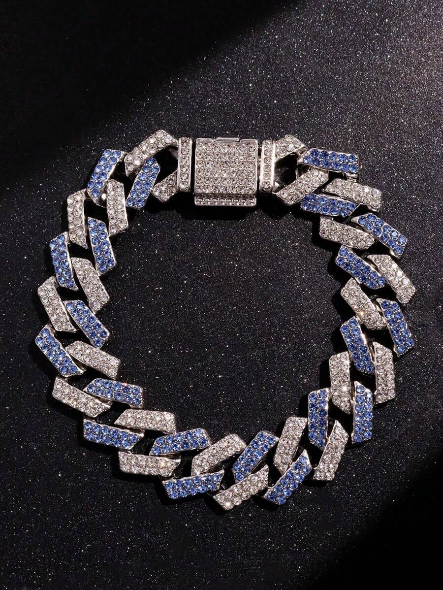 1 Pieza Pulsera De Metal Decorada Con Diamantes De Imitación Y Color Plateado Y Azul De Moda Para Hombres - Azul - Ver 1