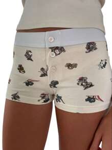 Women Lounge Shorts Low Waist Button Closure Printed Slim Pajama Shorts Sleepwear - Màu be - Xem 1