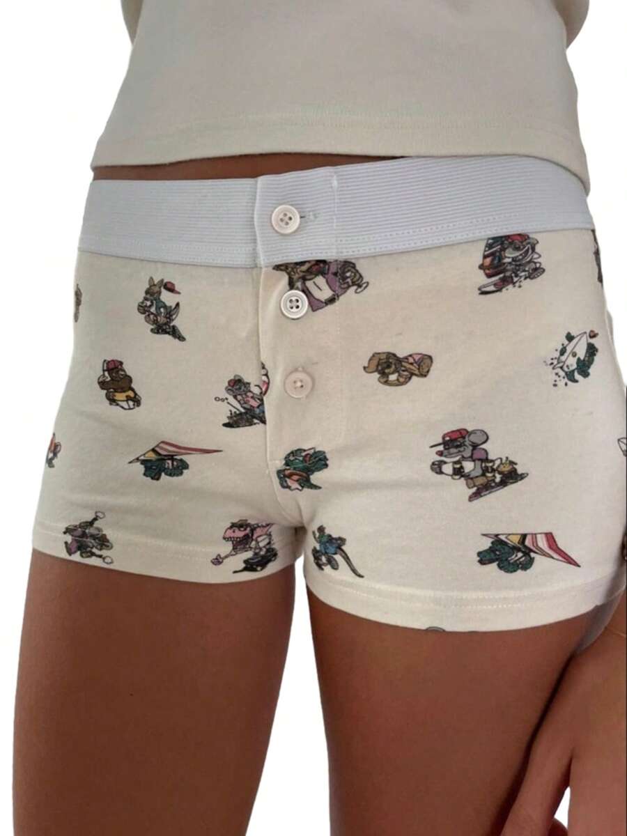 Women Lounge Shorts Low Waist Button Closure Printed Slim Pajama Shorts Sleepwear - Màu be - Xem 1