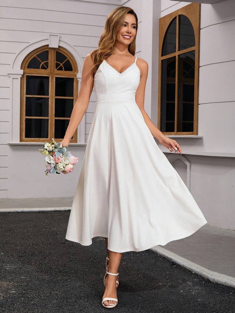 Women's Satin Camisole Embroidered Lace Waist Wedding Dress, Bridal Gown - White - View 1