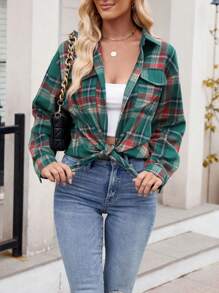 Women's Fall Button Down Shirts With Pockets Plaid Pattern Turn Down Collar Long Sleeve Casual Tops - Green - View 5