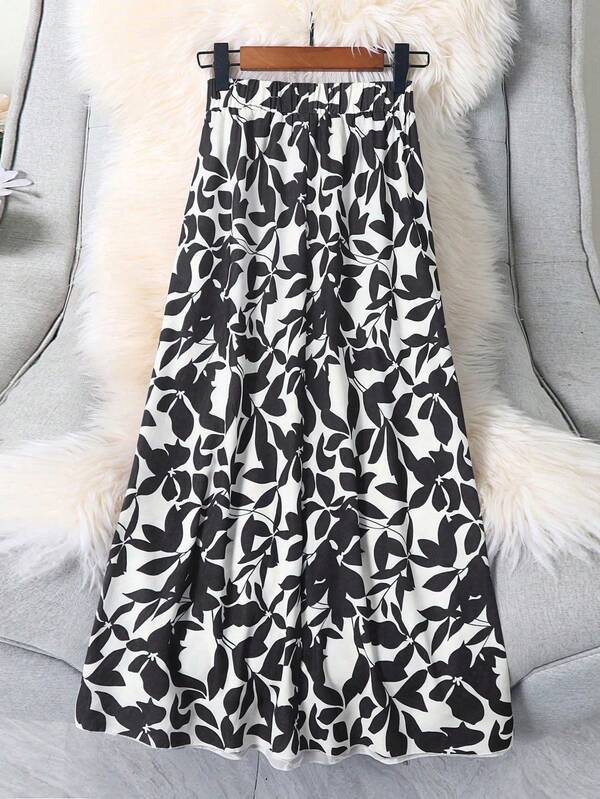 Women's Elastic Waist Long Floral Print Skirt, Suitable For Vacations