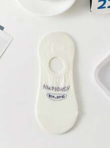 5 Pairs Women's Invisible Socks, Low Vamp Short Socks With Letter & Stripe, Cute Black & White Versatile Breathable Boat Socks, Spring & Summer - Multicolor - View 5