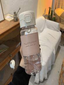 新款学生优质塑料水瓶带皮套，吸管，男女通用简约时尚情侣弹跳水杯，耐热 - 彩色 - 查看 4