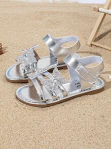 Summer Girls Elegant Sandals, Butterfly Decor, Round Toe Flat Open Toe, Silver Princess Roman Shoes, Stylish For Resort Beach Walking