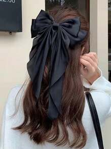 1 件女士超大长款黑缎蝴蝶结发夹，时尚百搭高端优雅发饰，适合日常服装搭配 - 黑色 - 查看 4