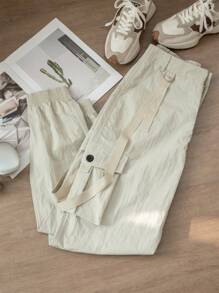 Women's Solid Color Webbing Design Cuffed Casual Utility Pants, Versatile - Light Grey - View 5