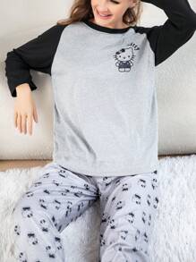Sanrio Conjunto de Pijama Fofo Mulheres Desenho Animado Hello Kitty, Top de Manga Longa Gola Redonda e Calça, Ajuste Confortável e Solto, Adequado para Primavera, Outono, Verão, Roupas de Estação