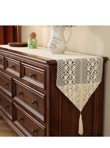 1pc American Country Style Handmade Lace Tassel Table Runner, Decorative For Kitchen, Wedding, Party, Living Room, Dresser