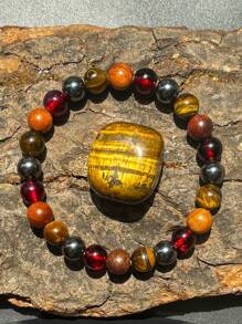 1pc/Natural Tiger Eye Stone And Wood Beads Beaded Bracelet Bohemian Style Wealth Symbol Abundance And Prosperity Day Men Women Life And Nature Balance Jewelry Suitable For All Seasons Daily Wear - Multicolor - View 4
