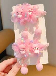 2pcs Kids Cute Floral Cartoon Hair Scrunchies, Flower Tulle Hair Ties For Girls, No Card Package