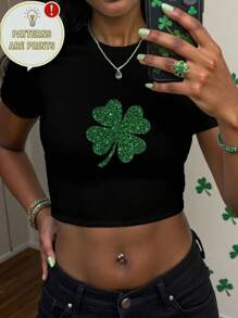 St. Patrick's Day Clover Print Fitted Short Sleeve Crew Neck T-Shirt For Women, Suitable For Spring/Summer - Black - View 1
