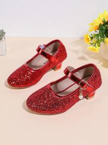 Neue Mädchen Mode glitzernde Hochabsatz Schuhe, flache Spitzschuh Schnallenverschluss Prinzessin Tanzperformance Schuhe für ältere Kinder