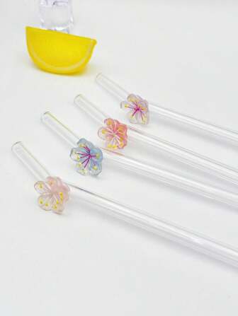 1/4 件花朵装饰玻璃吸管，适合饮用果汁、奶茶、咖啡、冷饮，弯曲吸管设计，学校用品，返校礼物，送给女朋友、男朋友、父母、朋友