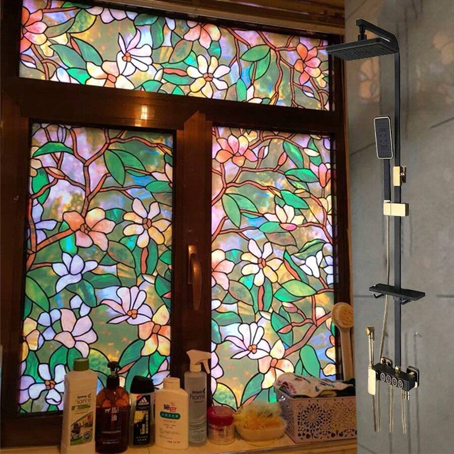 1 Roll Colorful Floral Pattern Explosion-Proof Static Cling Window Film, Translucent Privacy For Balcony, Bathroom, Bedroom, Reusable, Non-Adhesive Glass Decorative Film