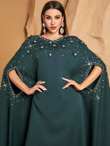 Women's Elegant & Modest Arabian Style Beaded Embellished Dress, Abaya - Dark Green - View 4