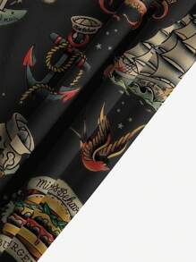 Men's Plus Size Halloween Skull Print Casual Vacation Outdoor Shirts, 3D Digital Printing Polo Collar Chest Pocket Anchor Octopus Shark Art Pattern Holiday Leisure Short Sleeve Shirts