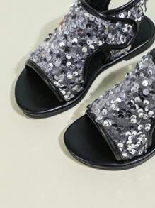 1 Pair Plus Size Toddler/Little Girls' Black Glitter PU Colorful Sequin T-Strap Flat Sandals, Round Toe Open Toe Fashion Cute Roman Style Suitable For 3-15 Years Old Girls, Daily Casual, Party, Beach, Spring/Summer - View 9