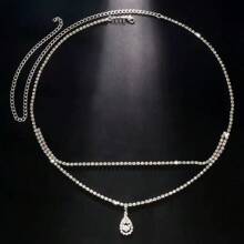 2025 奢华时尚心形和水滴吊坠双层腰链，水钻点缀简约性感金属身体链，女士 - 彩色 - 查看 3