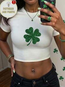 圣帕特里克节三叶草印花修身短袖圆领T恤，女款，适合春夏穿着 - 白色 - 查看 4