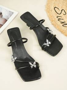 经典时尚新款女士休闲系带闪光蝴蝶和珍珠装饰小猫跟凉鞋 - 黑色 - 查看 5