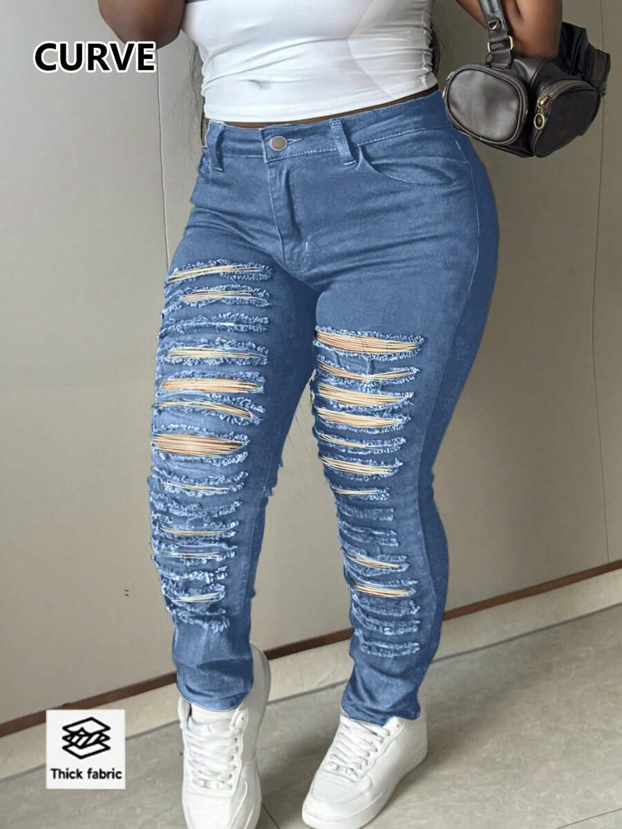 American Street Style New Daily Basic Slimming Ripped Ripped Women's Plus Size Jeans - Medium Wash - View 1