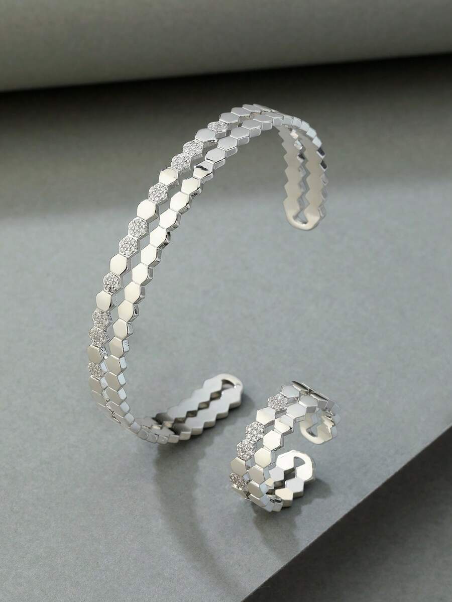 1 Set Honeycomb Shaped Rings & Bracelet Combo, Fashionable For Daily Wear