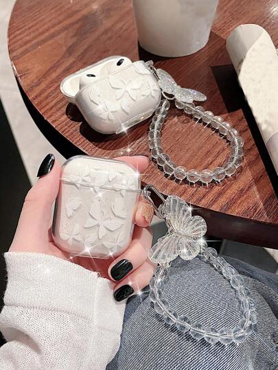1pc Glitter Butterfly Earphone Case Compatible With AirPod Pro, Pro2, Airpod 3, Airpods2, Airpods1, Transparent Fashion Girl Design With Crystal Keychain