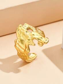 1pc Vintage Baroque Style Stainless Steel Asymmetrical Textured Liquid Adjustable Ring, 18K Gold Plated Accessories For Women, Holiday Wear