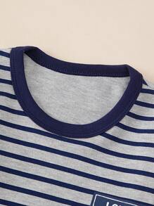 Boys Striped Print Home Outfit Set, Cotton Warm Sleepwear For Older Kids, Spring & Autumn - Navy Blue - View 3