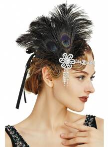 20 世纪 20 年代带羽毛的轻佻女郎头饰、咆哮的 20 年代向日葵羽毛头带、20 世纪 20 年代服装配饰、天然羽毛万圣节 - 彩色 - 查看 2