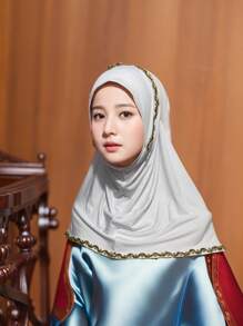 1pc Solid Color Gold Thread Lace Wrap Around Chin Convenient Hijab Cap, Breathable & Versatile Elastic Scarf In Mixed Colors, Hand-Made Chain Patterned Headscarf Cap For Girl, Instant Hijab, Malaysia/Indonesia Style