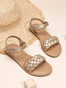 Girls Sandals Classic Open Toe Braided Flat Sandals Summer Dress Shoes - Gold - View 1