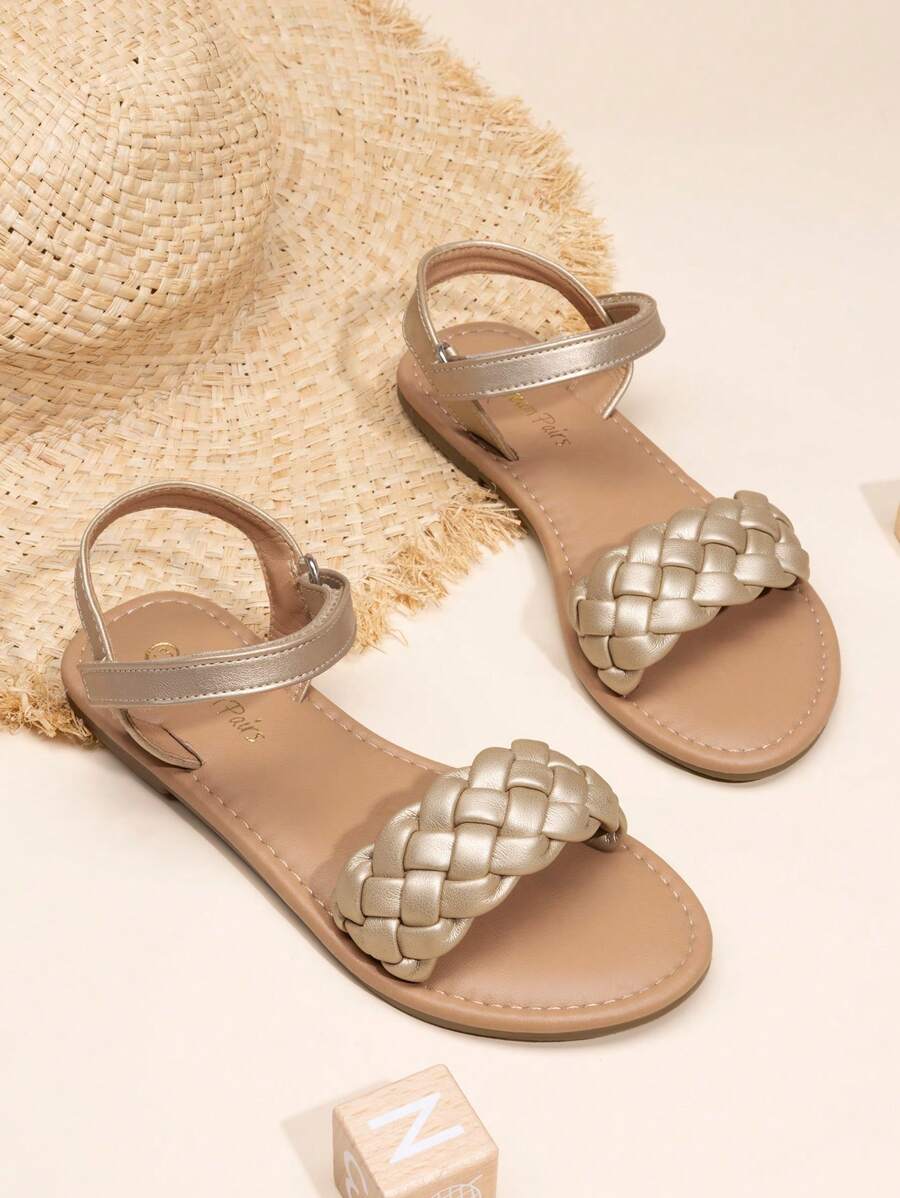 Girls Sandals Classic Open Toe Braided Flat Sandals Summer Dress Shoes - Gold - View 1