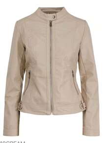 Fashionable Solid Color Front Zipper Cropped Jacket, Spring/Autumn