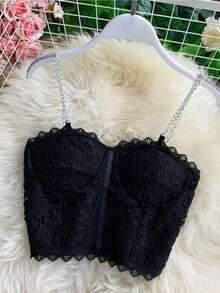 Top de encaje tipo camisa sin mangas corto con cierre delantero - Negro - Ver 2