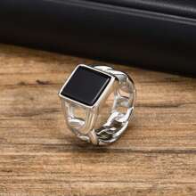 1pc Minimalist Stainless Steel Geometric Print Chain Ring For Men - Silver - View 7