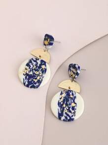 1 Pair Handmade Polymer Clay Modern Tri-Layer Gold Foil Colorblock Long Dangle Earrings For Women, Suitable For Vacation, Party And Daily Wear - Blue and White - View 3