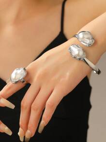 1/6件套欧美风不对称仿珍珠手链、戒指、项链、耳环首饰套装，浪漫优雅女士首饰礼品，适合日常、派对、婚礼等场合。 - 銀色 - 查看 5