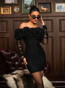 Faeriesty Distinctive Off-Shoulder Mini Dress With Ruffle Rose Floral Pattern - Sheer Sleeves And Fitted Silhouette, Suitable For Casual And Evening Occasions - Black - View 5