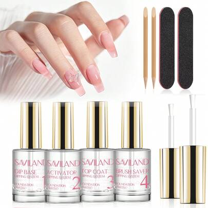  Saviland 15ml/0.5oz 10-Piece Dip Powder Manicure Set, Includes Base Coat, Top Coat, Activator, Brush Holder, Nail File And Other Essential Dip Powder Manicure Tools, No UV Lamp Needed, Perfect Gift For Women Nails
