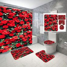 4pcs Shower Curtain Non-Slip Carpet Set, Wedding Date Floral Elements, Toilet Lid, Bath Mat - Includes 12 Plastic Hooks - Waterproof Polyester Fabric, Quick Drying, Non-Slip, Ring Top, Machine Washable Home Decor, Shower Decor Accessories,